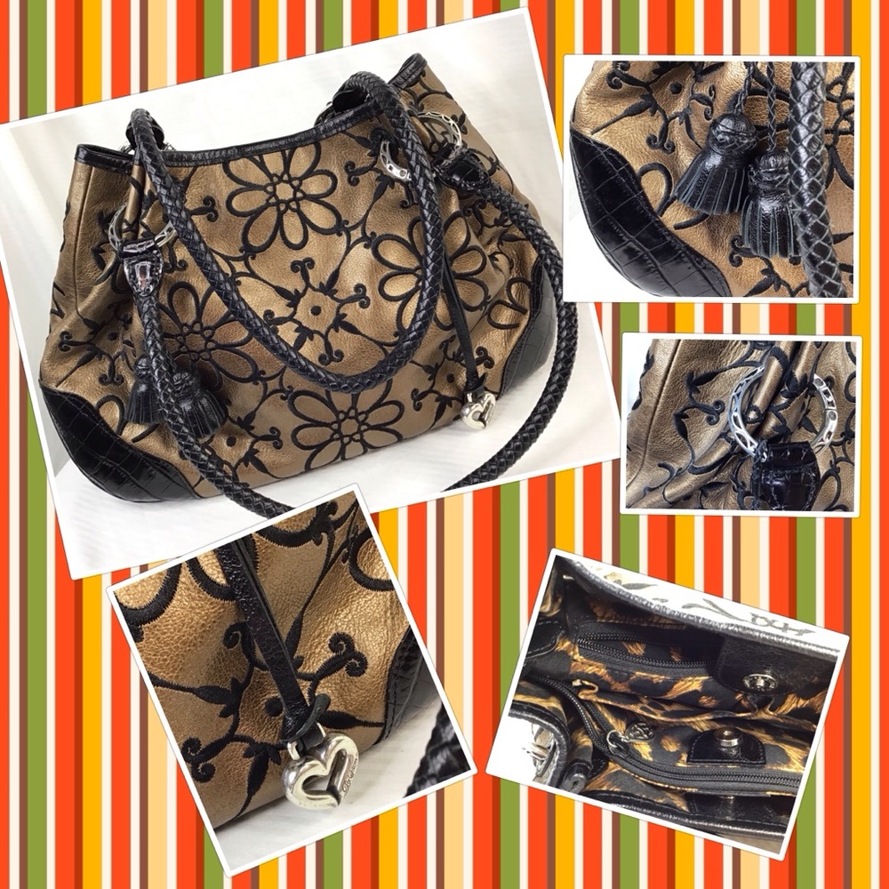 Brighton Valencia Floral Bronze Metallic Embroidered Handbag Pre owned